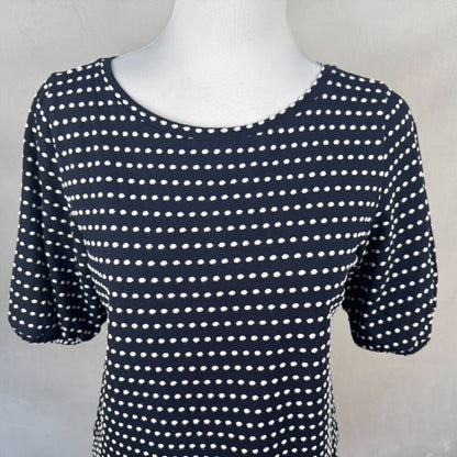 LOFT Knit Top Sz S Navy Embroidered White Polka Dot Ballon Sleeve Boat Neck