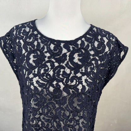 Loft Women Sz L Navy Lace Crochet Round Neck Cap Sleeve