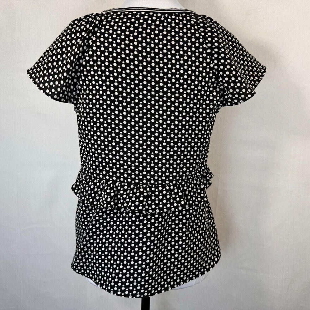 Max Studio Ladies Blouse Sz M Ruffle Polka Dot Bow Tie Flutter Round Neck