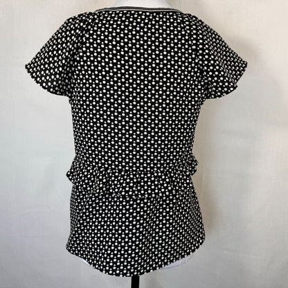 Max Studio Ladies Blouse Sz M Ruffle Polka Dot Bow Tie Flutter Round Neck