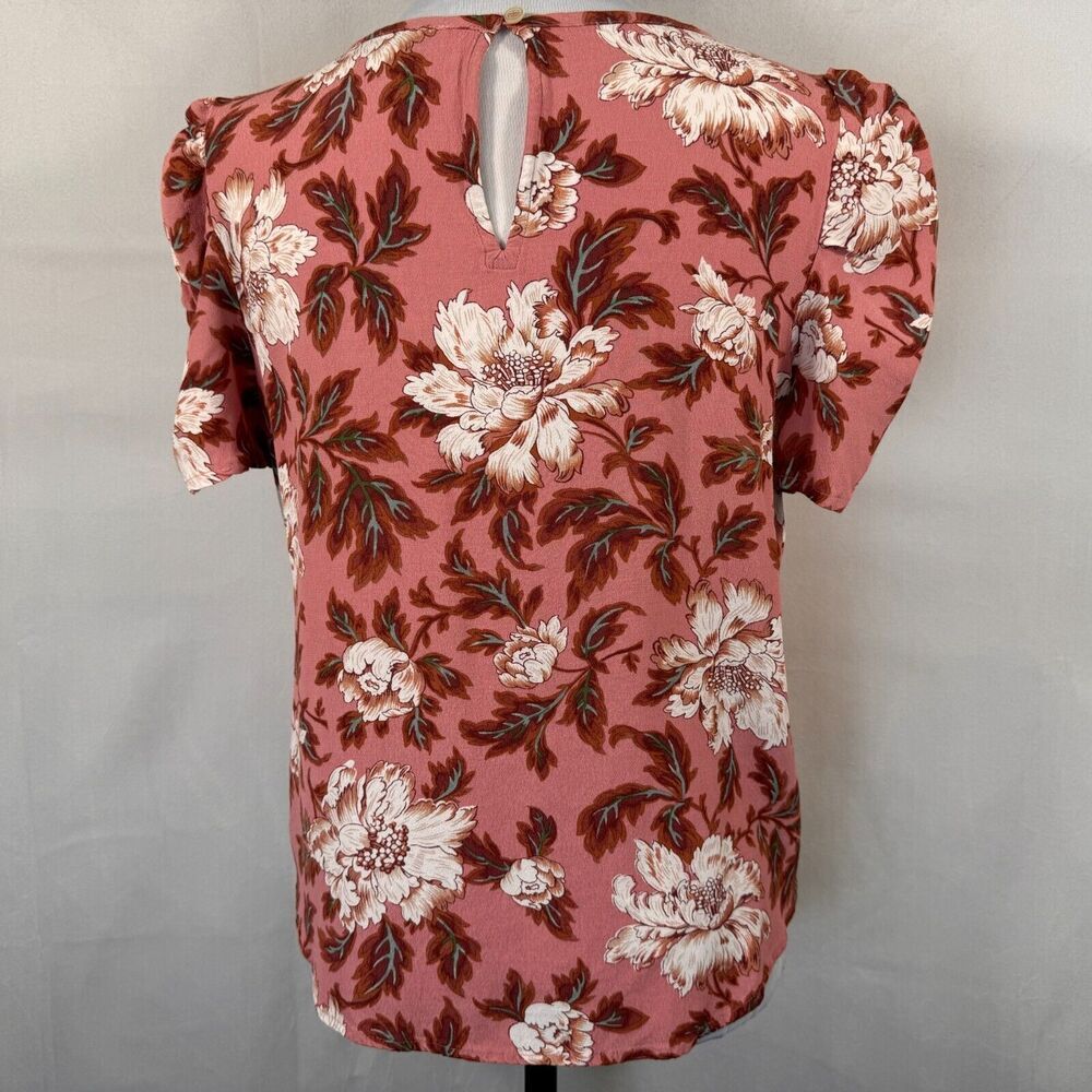 LOFT Blouse Sz S Pink Rayon Floral Print Round neckline Ruched Short Sleeve