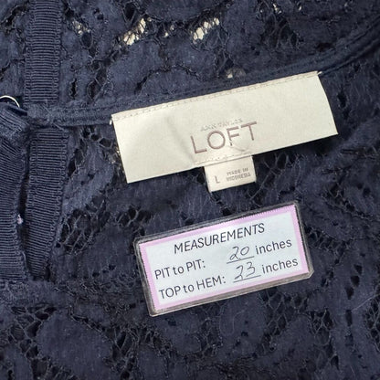 Loft Women Sz L Navy Lace Crochet Round Neck Cap Sleeve