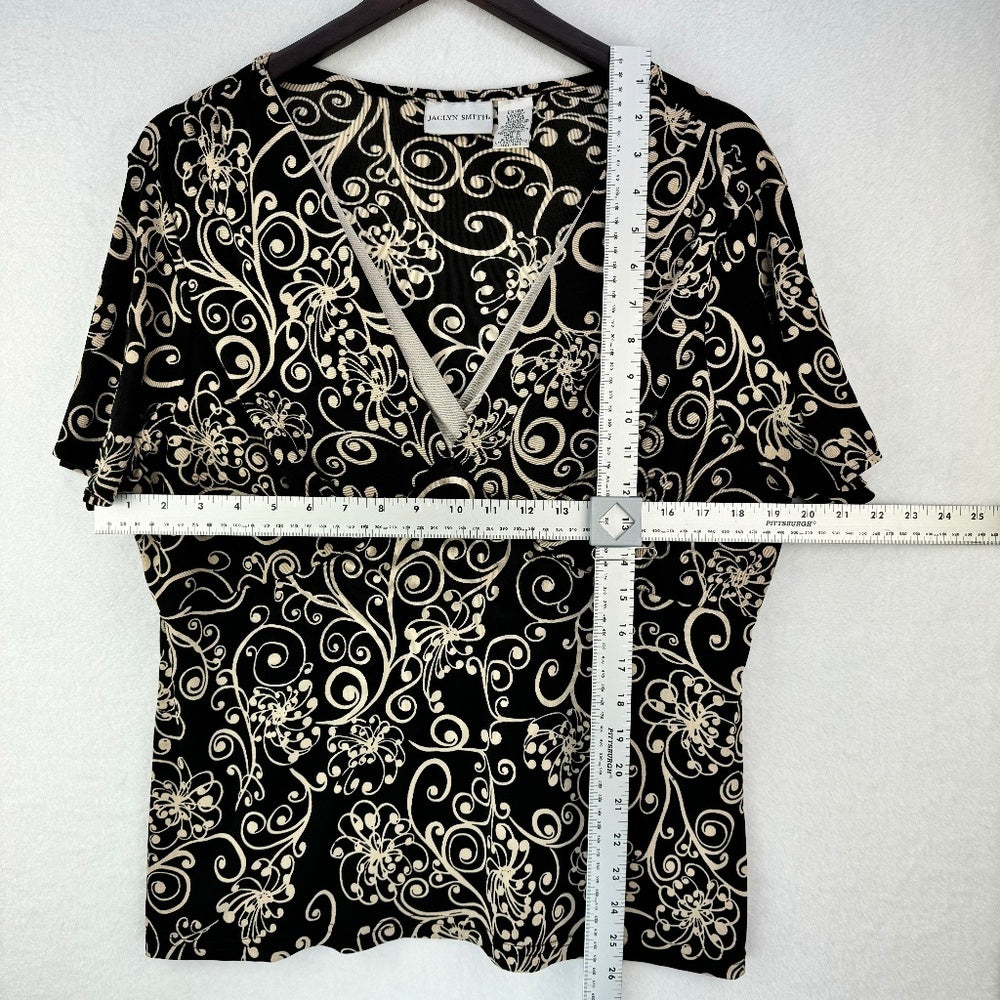 Jaclyn Smith Women Sz XL Butterfly Short Sleeve V-Neck Stretchy black and beige