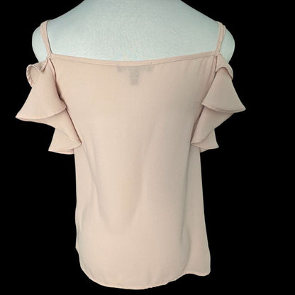 Express Top Sz XS Straps Grommets VNeck Ruffle Cold Shoulder Pullover Dusty Pink