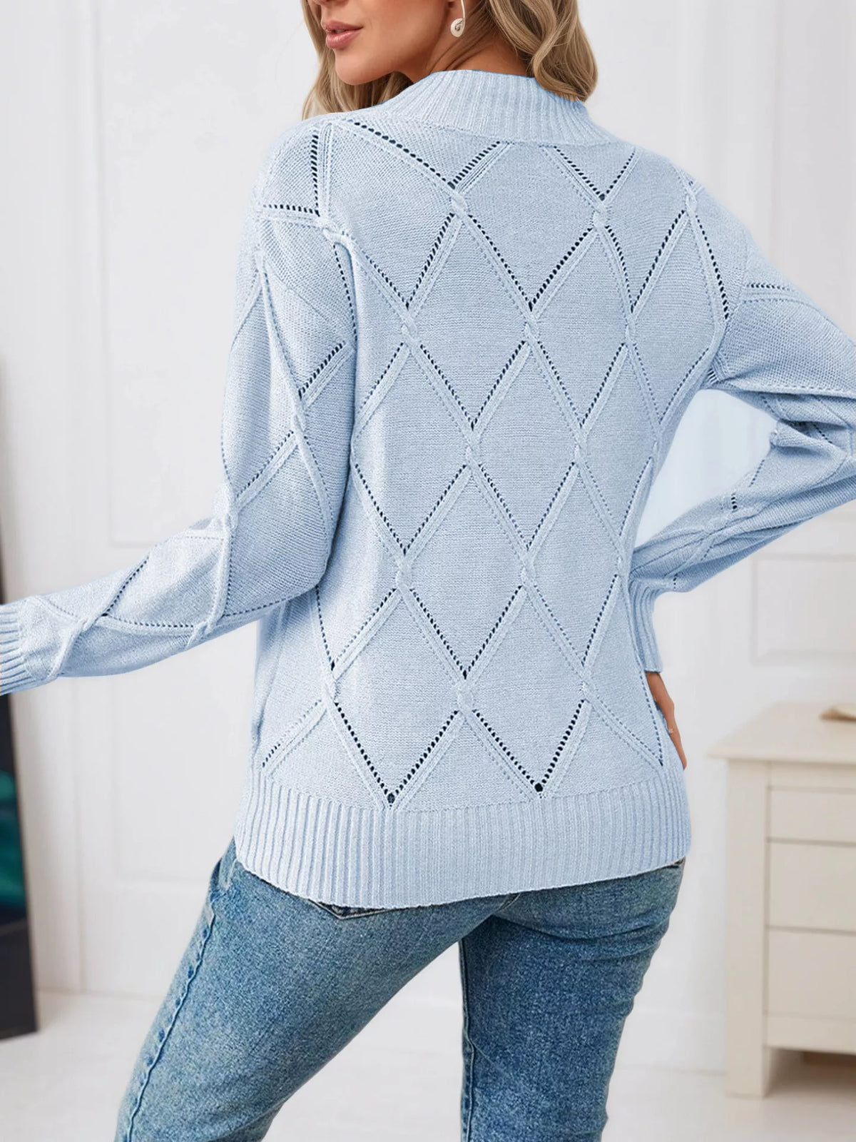 Simply Love Women's Diamond Eyelet Long Sleeve Knit Sweater