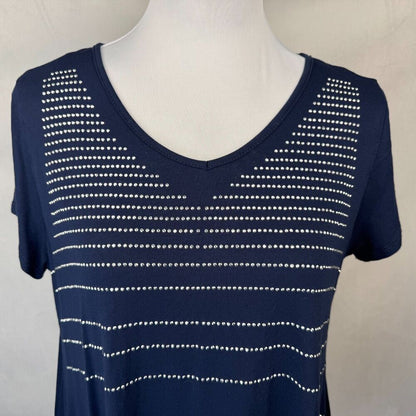 B.L.E.U. Women Sz PM Stretch Top Blue Beaded Scoop Neck Short Sleeve