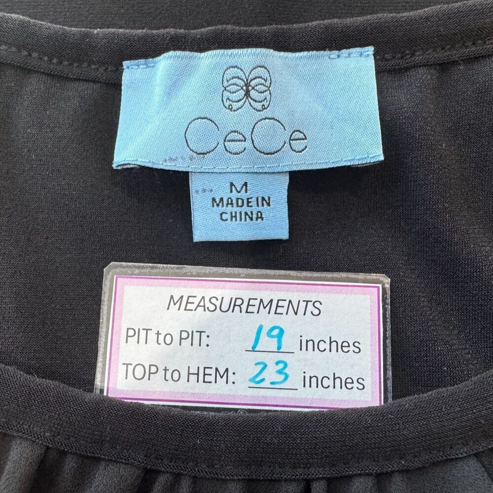 CeCe Women Blouse Sz M Black Ruffle Boat Neck Short Sleeve