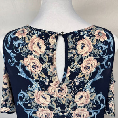 Meraki Blouse Sz M Navy Floral Print Scoop Neckline Cold Shoulder Back Keyhole