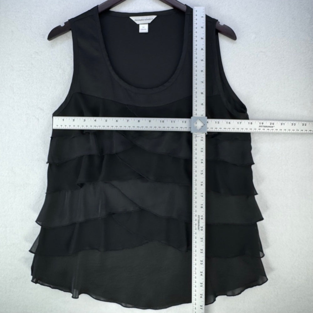 Christopher & Banks Women Sz M Silky Black Top ruffled front Sleeveless