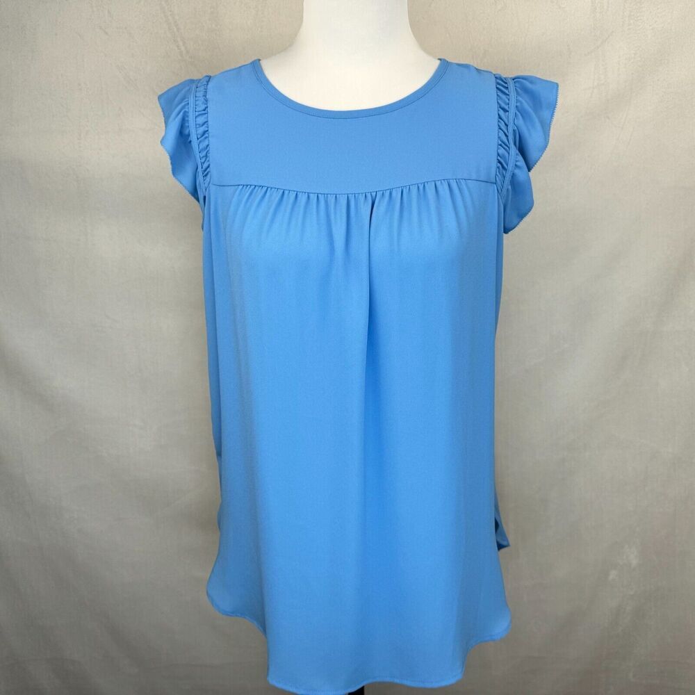 LOFT  Sz XS Yoke Top Blue Boat Neck Sleeveless Pullover Keyhole Flare Sleeves