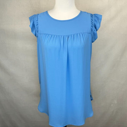 LOFT  Sz XS Yoke Top Blue Boat Neck Sleeveless Pullover Keyhole Flare Sleeves