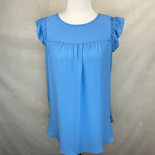 LOFT  Sz XS Yoke Top Blue Boat Neck Sleeveless Pullover Keyhole Flare Sleeves