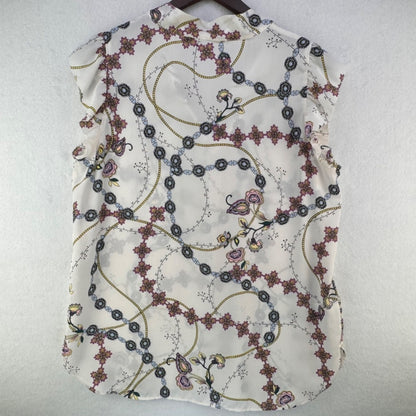 LOFT Blouse Sz M White Printed Tie Neckline Ruffle Cap Sleeves