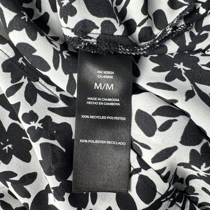 Well Worn Sz M White Blouse Black Floral Print Elbow Sleeve V Neck NWT B1968
