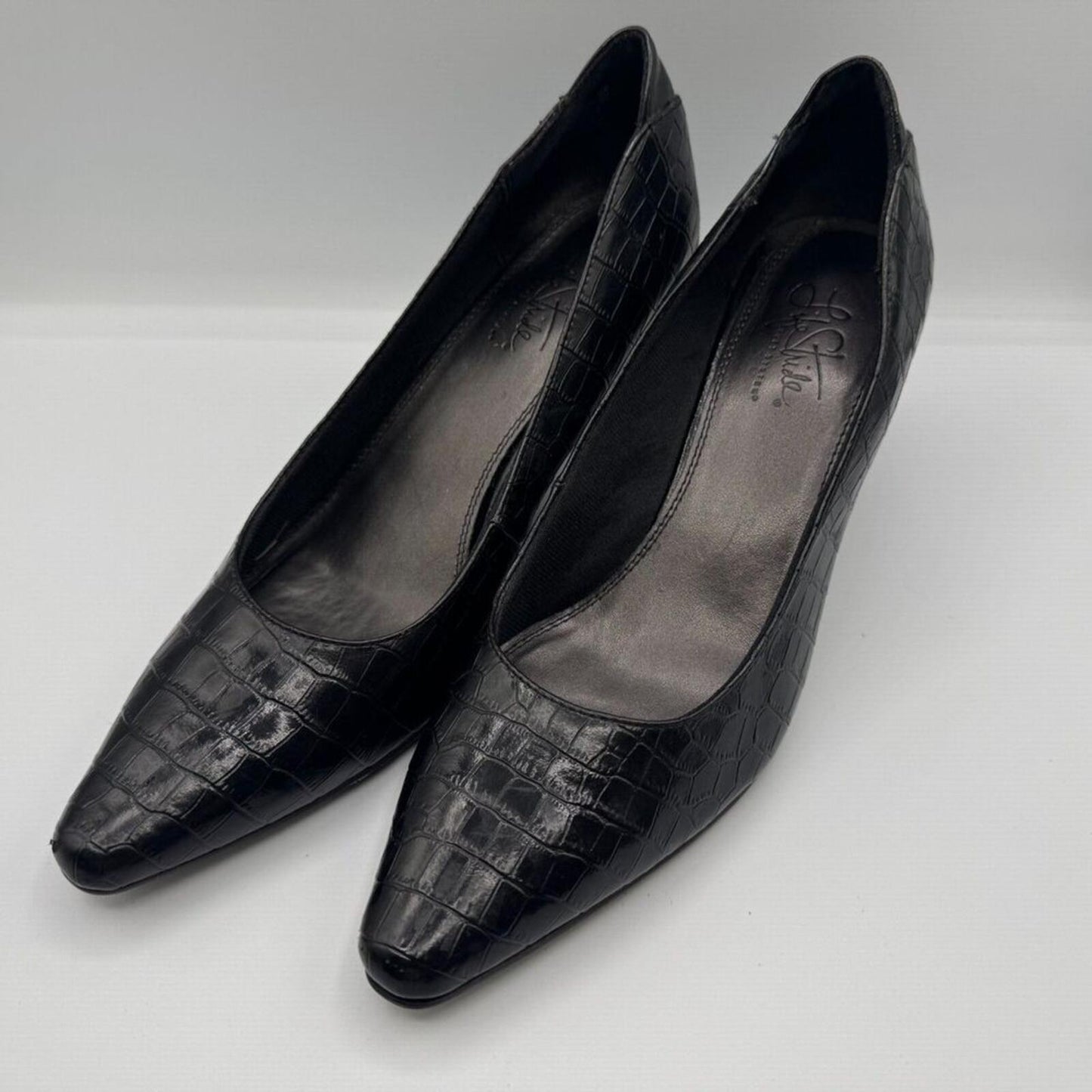 Life Stride Soft System Women's Shoes Sz 9 Black Faux Reptile Pumps 3" Heels
