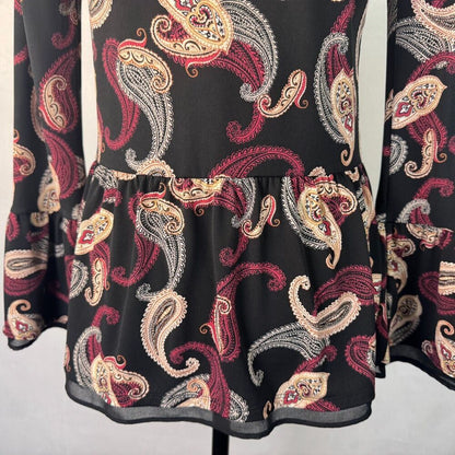 White House Black Market Sz XXS Paisley Print Peplum Criss Cross Tie Bell Sleeve