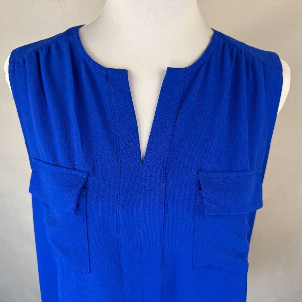Monteau Women Blouse Sz L Blue Split Neck Pockets Sleeveless