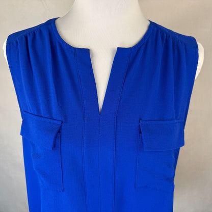 Monteau Women Blouse Sz L Blue Split Neck Pockets Sleeveless