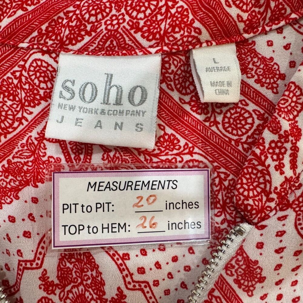 Soho NYC Jeans Women Sz L Sheer Red Paisley Tank Top Pockets Front Zipper Accent