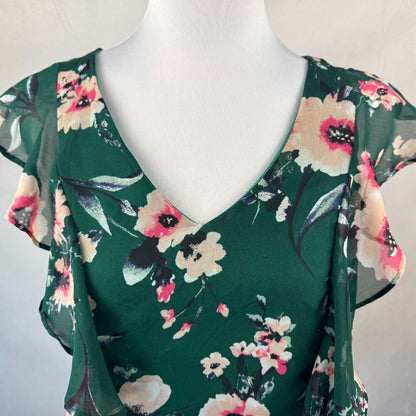 BWear Women Top Sz S Lined VNeck Front Ruffle Sleeveless Green Floral Multicolor