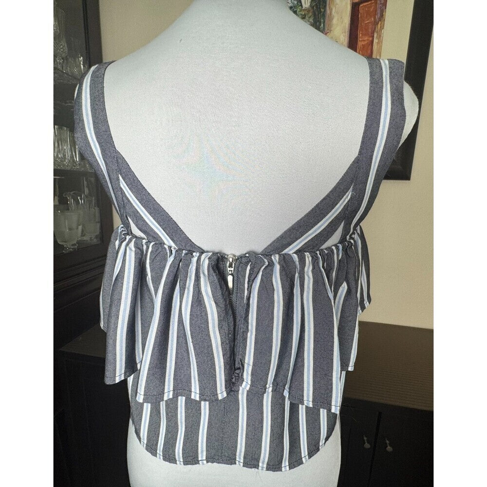 Express Crop Crop Top Sz XS Stripe Gray Blue White Flounce Back Zipper