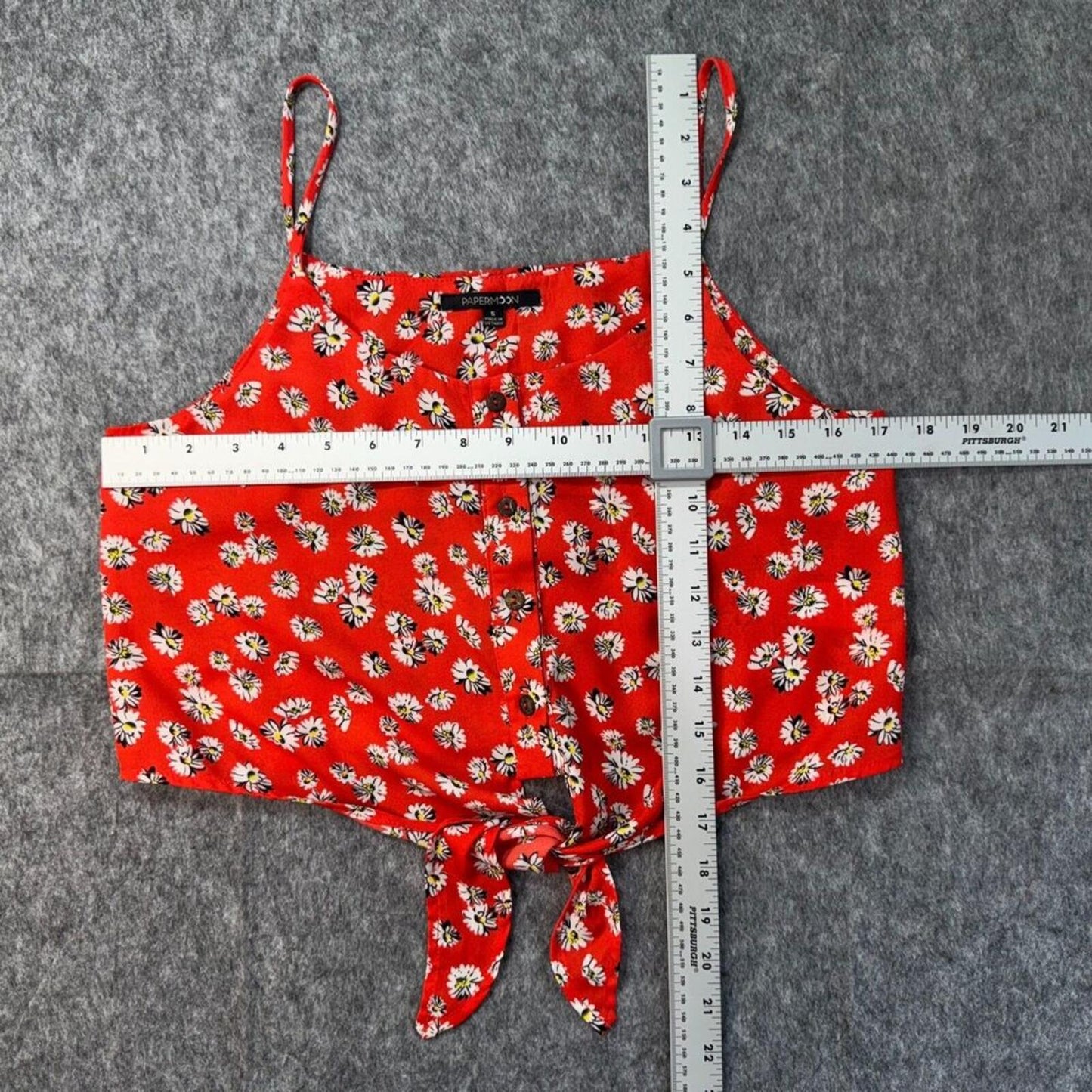 Papermoon Women Top Sz S Red Flower Print Buttons Round Neck Straps Front Tie