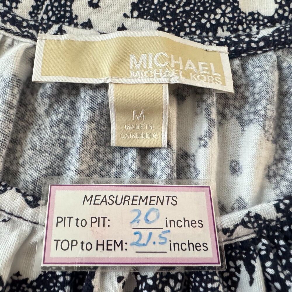 Michael Kors White Floral Peasant Blouse Blue Sz M Round Neck 3/4 Peplum Sleeve