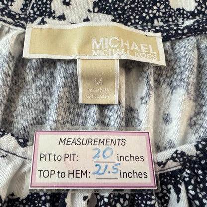 Michael Kors White Floral Peasant Blouse Blue Sz M Round Neck 3/4 Peplum Sleeve