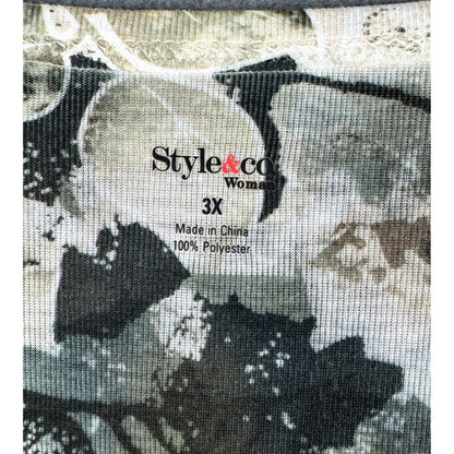 Style & Co Top Sz 3X Cream Black White embellished top U-Neck short sleeve