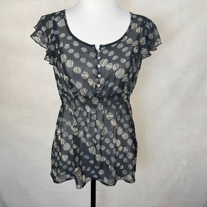Marks&Spencer Sz UK10/US6 Sheer Black Peplum Button Up Flutter Sleeve Tie