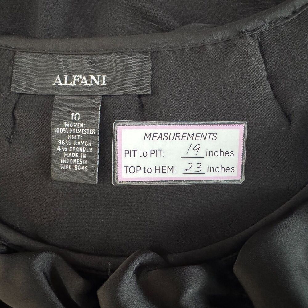 Alfani Women Top Sz 10 Black Neck Ruching Front Satin Stretchy Back Knit