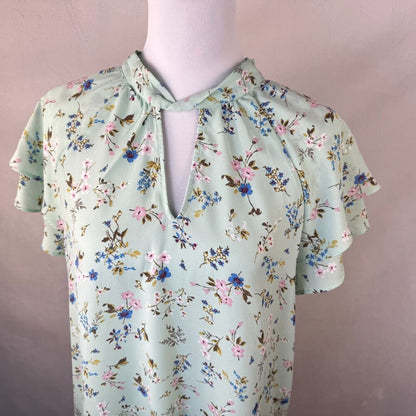 Pleione Top Sz L Sheer Green Floral Tie Around Neck Flutter Short Sleeve
