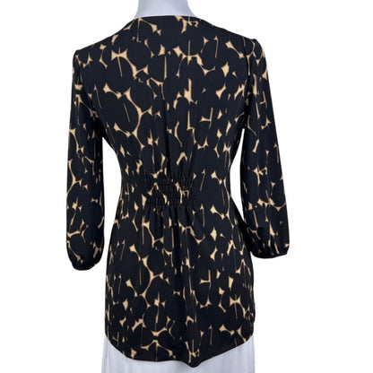 Alfani Faux Wrap Stretch Top S Black Tan Abstract Print Metal Link Ruched back