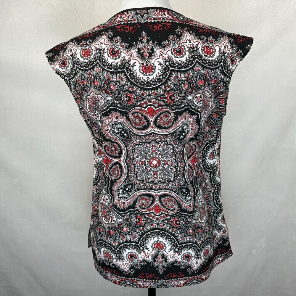 Talbots Blouse Sz XS V-Neck Cap Sleeve Red & Black Paisley Print Side Slits