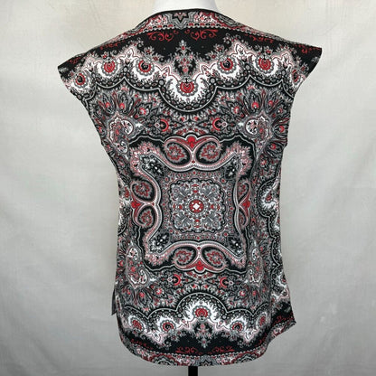 Talbots Blouse Sz XS V-Neck Cap Sleeve Red & Black Paisley Print Side Slits