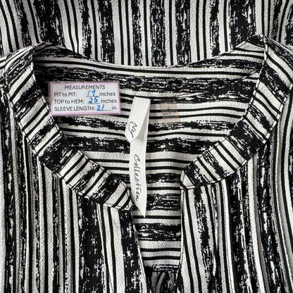 NY Collection Top Sz S Black White Stretchy Henley Neck Roll Up Sleeves Pleated
