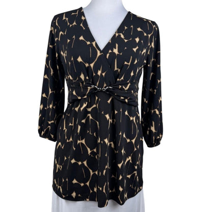 Alfani Faux Wrap Stretch Top S Black Tan Abstract Print Metal Link Ruched back