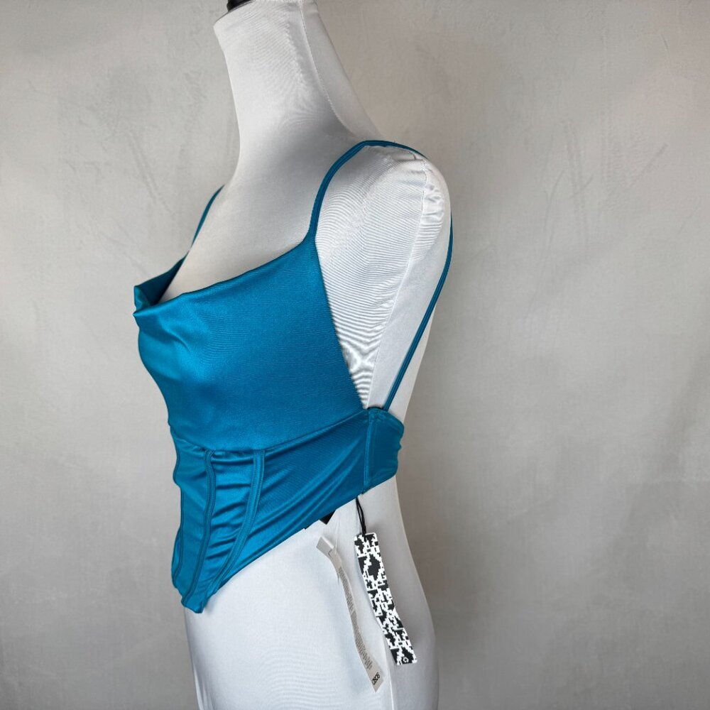 ASOS Luxe Women Sz 4 Turquoise Satin Bustier Cowl Neck Spaghetti Straps