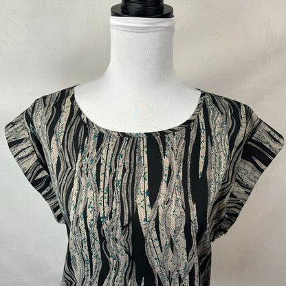 W118 by Walter Baker Top Sz L Black Gray Green Print Round Neck Cap Sleeve