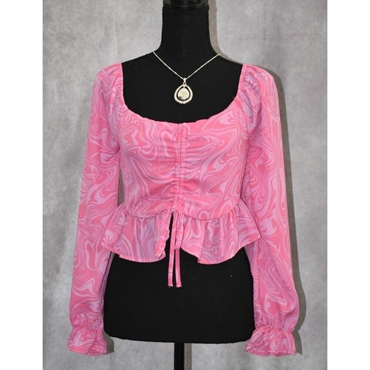 Crave Fame Women Size Small Blouse Pink Peplum Long Sleeve NWT