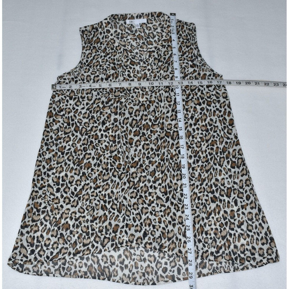 DR2 Split Neck Pleated Brown Leopard Print Blouse Top Size XS