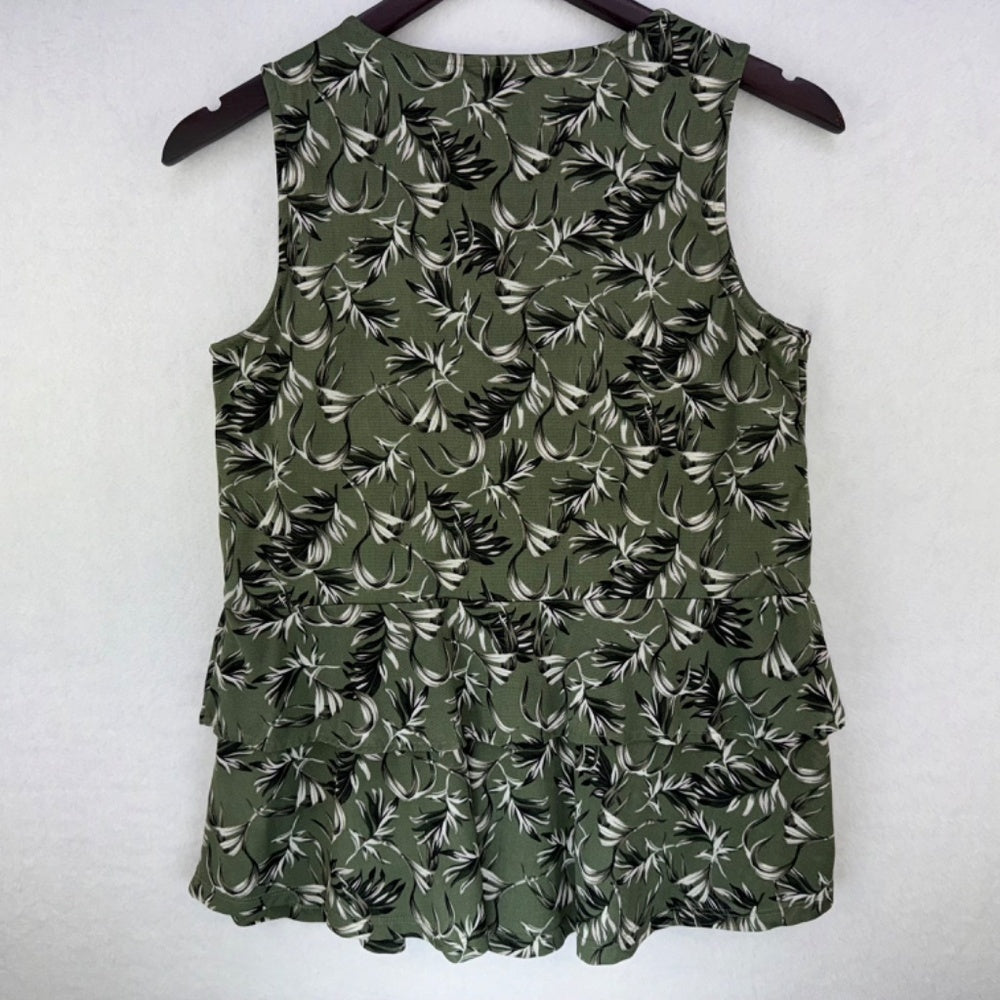 Style & Co Blouse Sz PS Green Tropical floral print Tie in front peplum
