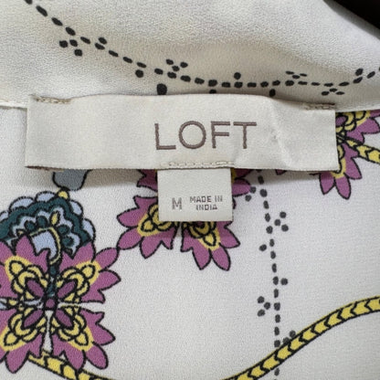 LOFT Blouse Sz M White Printed Tie Neckline Ruffle Cap Sleeves