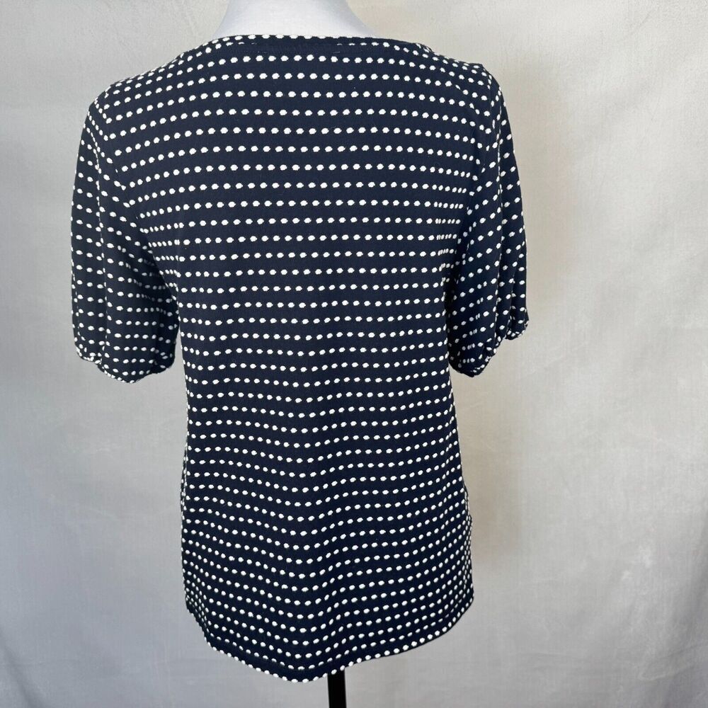 LOFT Knit Top Sz S Navy Embroidered White Polka Dot Ballon Sleeve Boat Neck