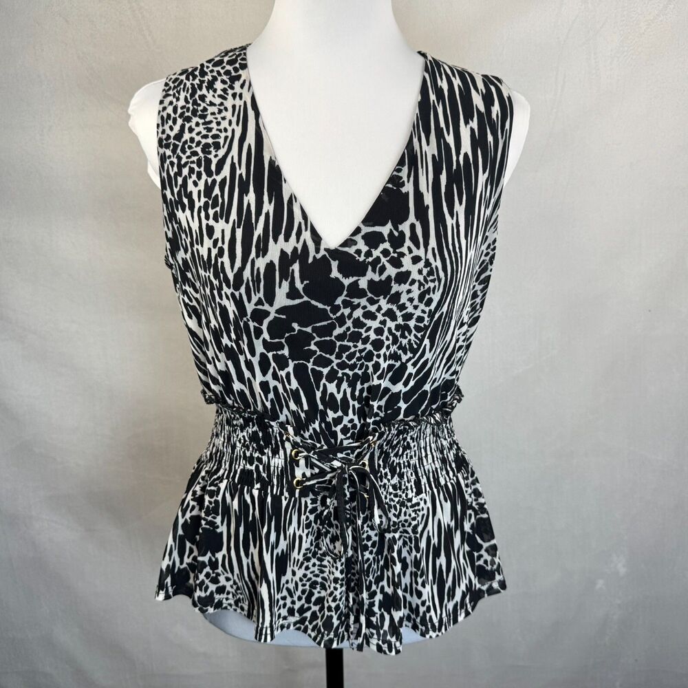 Ember Ladie's Peplum Top Sz M Animal Print Sleeveless Smocked Lace-up Waist