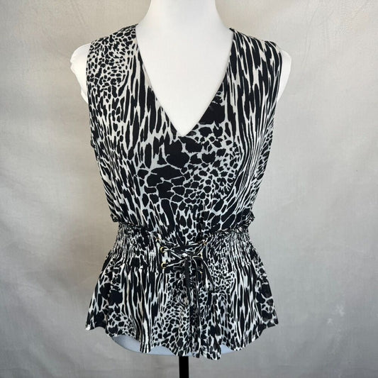 Ember Ladie's Peplum Top Sz M Animal Print Sleeveless Smocked Lace-up Waist