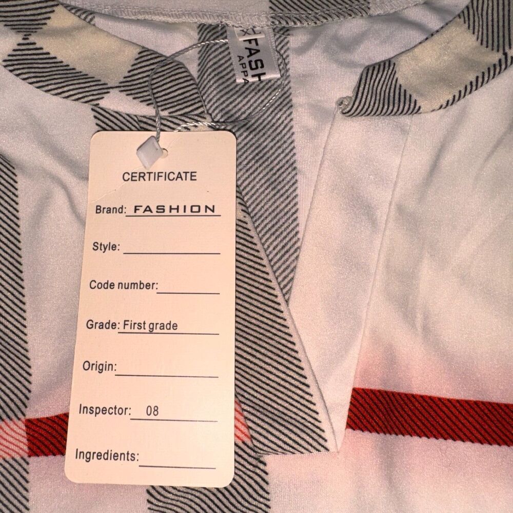 Fashion Women Sz XL Plaid Top bone red black cream Henley 3/4 roll up sleeves