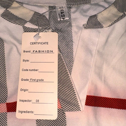 Fashion Women Sz XL Plaid Top bone red black cream Henley 3/4 roll up sleeves