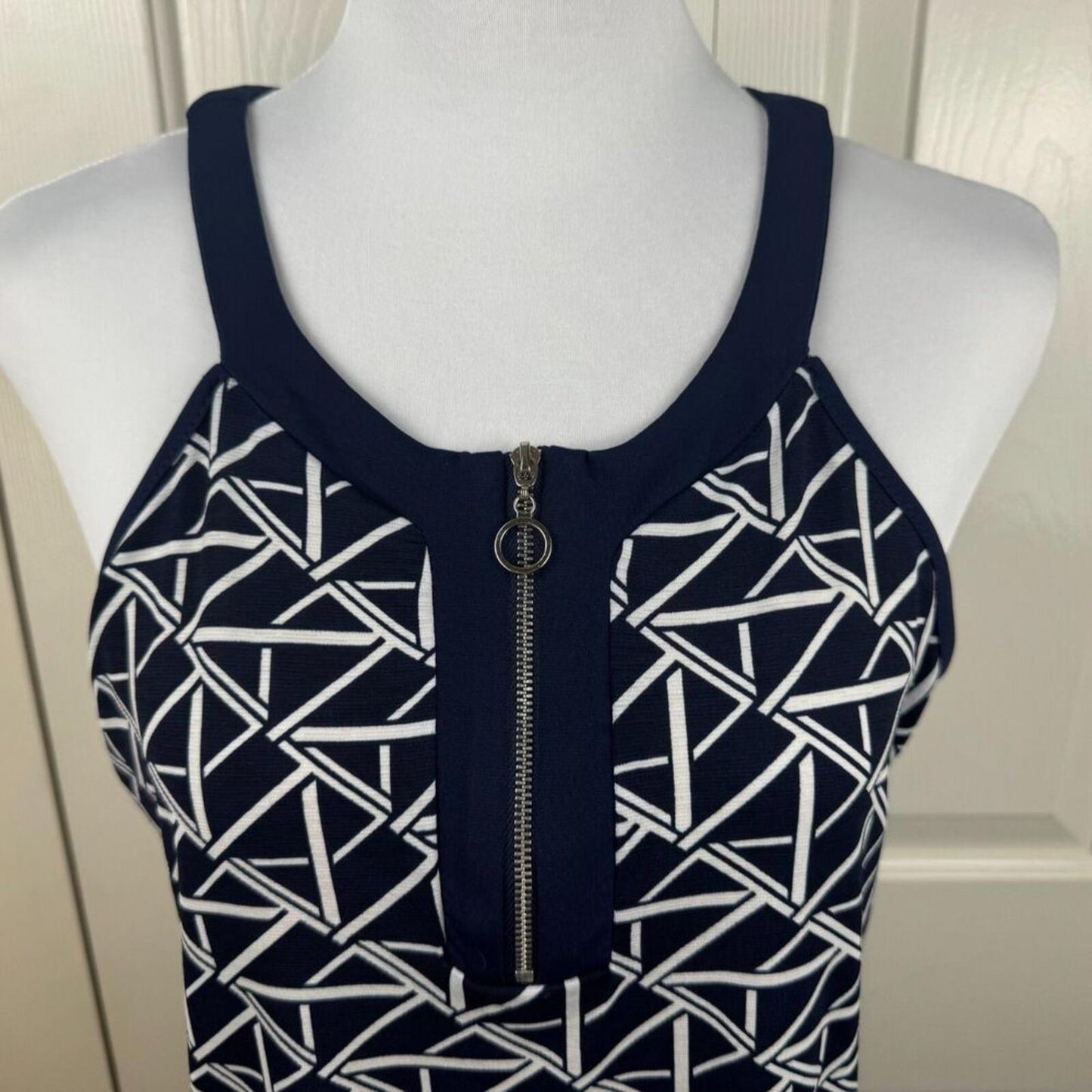 Naif Women Halter Top Size M Navy White Geometric Print Sleeveless Zip Front