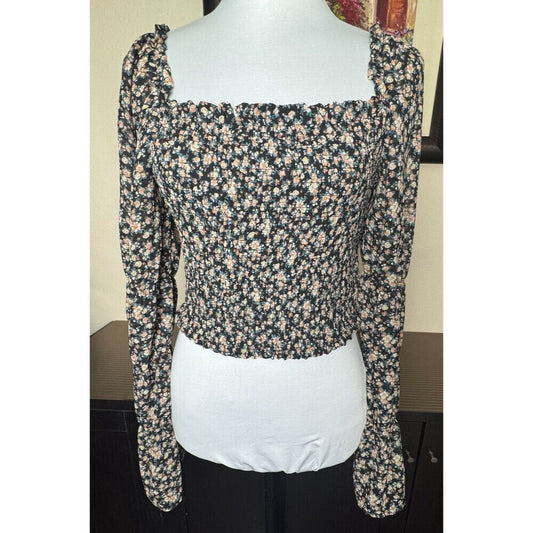 Wild Fable Top Sz M Cropped Black Floral Square Neck Long Sheer Sleeve Lined